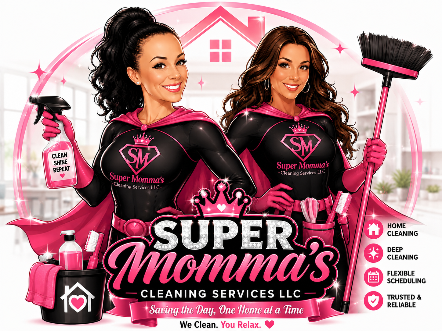 Super Momma's Cleaning Services brand illustration — Saving the Day, One Home at a Time